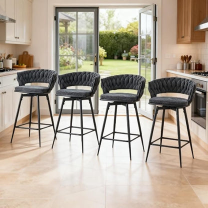 4 Set Swivel Bar Stools with Breathable Linen Cotton Seats 360° Rotating Counter Height Stools, Heavy Duty Iron Frame, 300lb Capacity for Kitchen Island, Dining Pub Blackish Gray