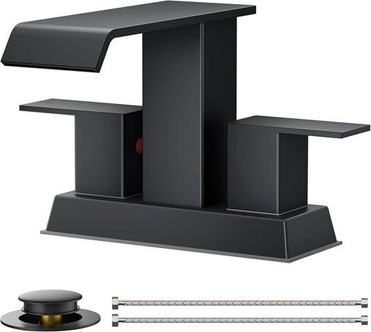 FORIOUS Square Waterfall Matte Black Bathroom Faucets 3 or 2 Hole for 4 Inch Centerset Sink with Metal Pop Up Drain and Hose, Double Handle Operation, Suitable for Vanity RV Restroom Remodel