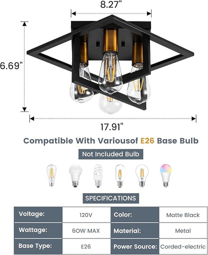 Semi Flush Mount Ceiling Light Fixture, 4 Light Industrial Ceiling Light,Black Frame & Gold Accent, Close to Ceiling Farmhouse Lighting for Kitchen, Bathroom, Bedroom, Hallway (E26,2-Pack)