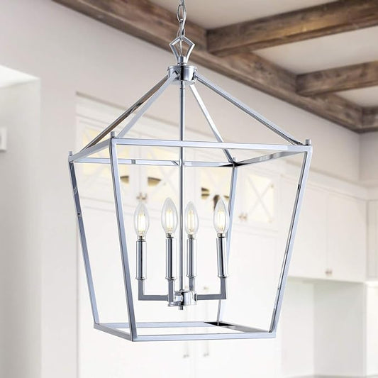 JONATHAN Y 16" Chrome Lantern Pendant Light, 1-Light Pagoda Style Metal Cage Farmhouse Hanging Ceiling Fixture for Kitchen Island, LED Bulb Included (JYL7437C)
