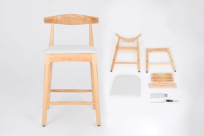 Modern Dining Chairs,Mid-Century Rubberwood Bar Stools(Set of 2),Solid Wood Legs Upholstered Solid Chair,Kitchen Island Counter Height,Applicable to Bedroom,Living Room,Outdoor Lounge,Patio,Beige