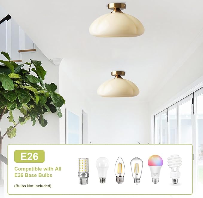 Bofea-Modern Gold Semi Flush Mount Ceiling Light Schoolhouse Ceiling Light Fixture Gold Overhead Lights Fixture with Cream Glass Shade Brass Semi Flush Lamp for Bedroom Hallway Kitchen