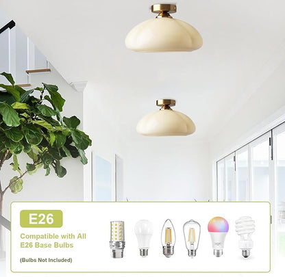 Bofea-Modern Gold Semi Flush Mount Ceiling Light Schoolhouse Ceiling Light Fixture Gold Overhead Lights Fixture with Cream Glass Shade Brass Semi Flush Lamp for Bedroom Hallway Kitchen