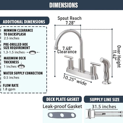 Kitchen Faucets, Kitchen Sink Faucet, Brushed Nickel Kitchen Faucet with Sprayer, 3 or 4 Hole RV Faucet for Kitchen Sink, Stainless Steel Touch Kitchen Faucet with Side Sprayer, TDLKF024L