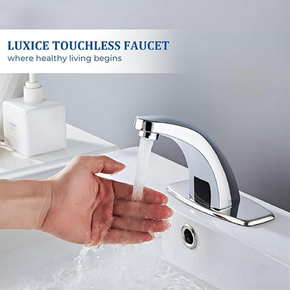Touchless Bathroom Sink Faucet Automatic Motion Sensor Hands Free Commercial Faucets Chrome with Hot & Cold Temperature Mixing Valve Battery Operated