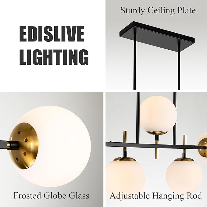 EDISLIVE Modern Milk Globe Chandelier 5-Light Glass Globe Pendant Light Fixture 39.4in E26 Linear Hanging Lighting for Kitchen Island Dinning Room Living Room Black