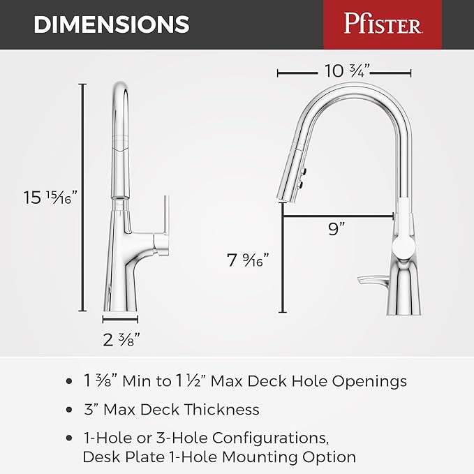 Pfister Tasso Kitchen Faucet with Pull Down Sprayer and Soap Dispenser, Single Handle, High Arc, NSF Certified, Polished Chrome Finish, F5297TSOC
