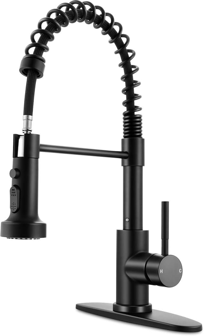 Kitchen Faucets with Pull Down Sprayer Matte Black, Herogo 2.0 Upgraded Commercial Stainless Steel Single Handle Pull Out Spring Sink Faucets with Deck Plate for Utility Farmhouse Laundry Rv Wet