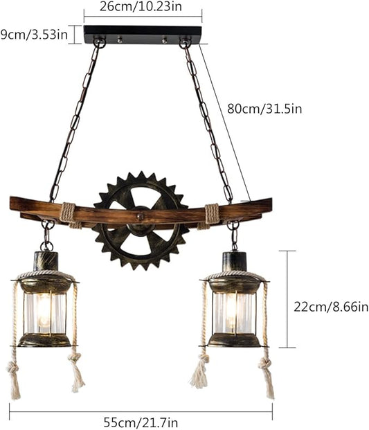 2-Head Retro Industrial Chandelier, 110-120v Rustic Wood Hanging Industrial Pendant Lighting Industrial Wood Metal Vintage Ceiling Light Fixture for Living Rooms Bedrooms Kitchen Islands