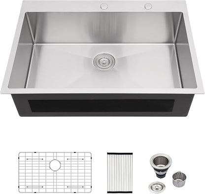 Logmey 33 Drop In Kitchen Sink - 33x19 Inches Stainless Steel Drop-in Kitchen Sinks 16 Gauge Round Corner Topmount Sink Overmount Single Bowl Kitchen Sinks