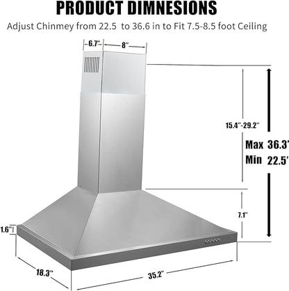 36 inch Range Hood, Wall Mounted Vent Hood in Stainless Steel, Ducted/Ductless Kitchen Hood w/Push Button Control, 3 Speed Exhaust Fan, 3 Pcs Baffle Filters, Energy Saving LED Light