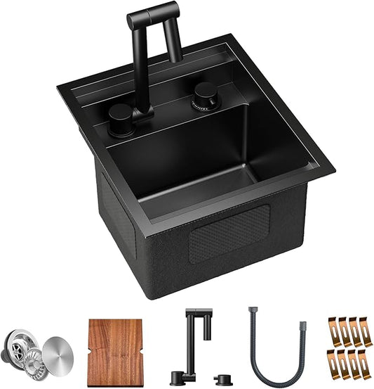 TORVA RV Kitchen Sink, 13 x 15 x 9 Inch Undermount Bar Sink Premium Stainless Steel Single Bowl Sink with Faucet,Cutting Board, Dark Grey