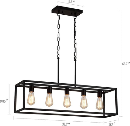 AMZASA Black Rectangle Kitchen Island Lights Rectangular Modern Industrial Chandelier for Dining Room 5 Lights Linear Vintage Cage Light Fixtures UL Listed