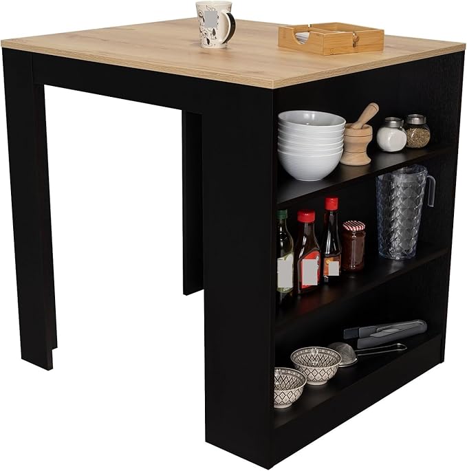 Kitchen Counter Dining Table with 2 Legs and 3 Open Side Shelves Modern Elegant Auxiliary Dining Table for Storage Practical(Black)