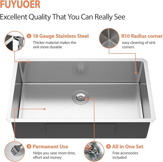 33 Inch Undermount Kitchen Sink 18 Gauge Stainless Steel Under Counter Sink Single Bowl Deep Handmade Single Bowl Kitchen Sink,33"x19"x9"