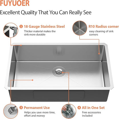 33 Inch Undermount Kitchen Sink 18 Gauge Stainless Steel Under Counter Sink Single Bowl Deep Handmade Single Bowl Kitchen Sink,33"x19"x9"
