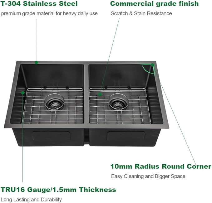 Sarlai 33 Inch Black Undermount Kitchen Sink Double bowl- 33x19 Undermount Double Bowl Kitchen Sink Gunmetal Black Stainless Steel 16 Gauge Sink 50/50 Under Counter Sinks Basin with Accessories