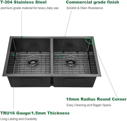 Sarlai 33 Inch Black Undermount Kitchen Sink Double bowl- 33x19 Undermount Double Bowl Kitchen Sink Gunmetal Black Stainless Steel 16 Gauge Sink 50/50 Under Counter Sinks Basin with Accessories