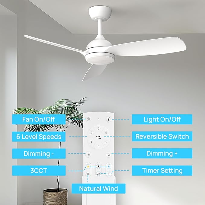 Consciot 44 inch Low Profile Ceiling Fans with Light and Remote, Modern Ceiling Fan, Downrod Mount, Reversible Quiet DC Motor, 6 Speed, 3 Color & Dimmable, White Ceiling Fan For Indoor Outdoor