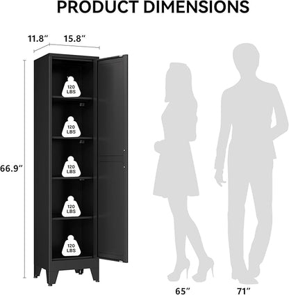 COFaR 67" Slim Bathroom Storage Cabinet, Black Metal Storage Cabinet with Magnetic Door & 4 Adjustable Shelves, Slim Freestanding Cupboard for Office, Kitchen, Bathroom