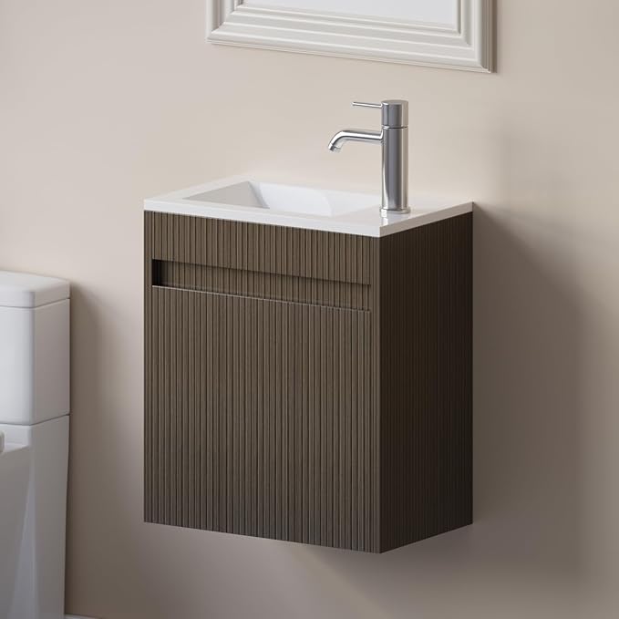 wonline 16" Small Bathroom Vanity Sink Combo Modern Wall Mounted Floating Cabinet W/Resin Basin Sink Top, Chrome Water Save Faucet & Pop Up Drain