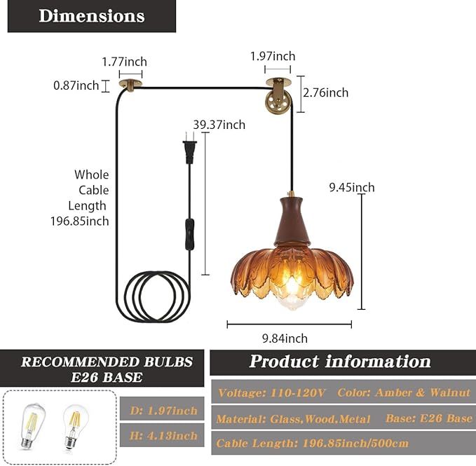 YLONG-ZS Plug in Pendant Light,Hanging Light Plug in Vintage Flower Glass Walnut Wood Pendant Light, Modern Gold Pulley Hanging Lamp for Kitchen Island, Bedroom, Dining Room, Living Room，Corner