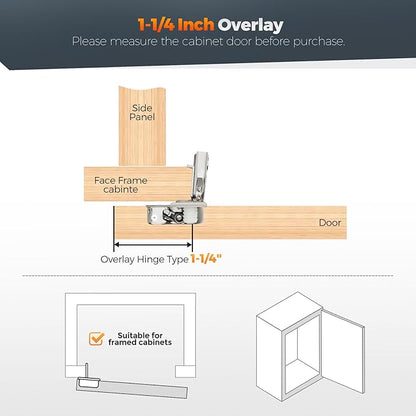 Home Expert 20 Pack (10 Pairs) 1-1/4" Overlay Soft Close Cabinet Hinges, Satin Nickel Stainless Steel Concealed Hinges with 3D Self-Closing for Face Frame Doors & Kitchens