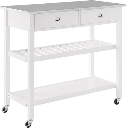 Crosley Furniture Chloe Stainless Steel Top Rolling Kitchen Island Storage Cart, Microwave Stand, Wine Rack, White