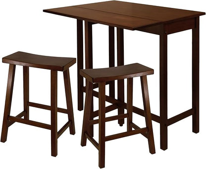 Lynnwood 3-Piece Drop Leaf High Table Set with Saddle Seat Counter Stools, Solid Wood, Antique Walnut Finish – Space-Saving Kitchen Island Dining Set