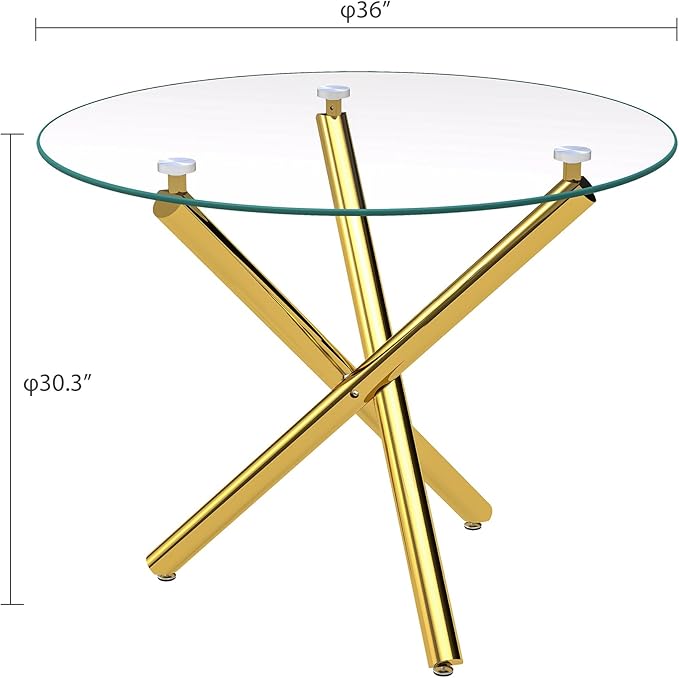 36" Round Glass Dining Table for 4, Modern Dining Room Table with Gold Metal Cross Legs, Adjustable Foot Pads, Tempered Glass Top Kitchen Dinner Tables for Kitchen Dining Room Small Apartment