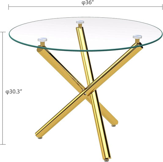 36" Round Glass Dining Table for 4, Modern Dining Room Table with Gold Metal Cross Legs, Adjustable Foot Pads, Tempered Glass Top Kitchen Dinner Tables for Kitchen Dining Room Small Apartment