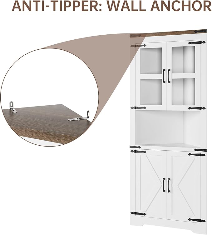 GAOMON Farmhouse Corner Cabinet, Tall Corner Storage with Glass Door & Adjustable Shelves, Bathroom Cabinet with Storage for Living Room, Kitchen, Bathroom, White