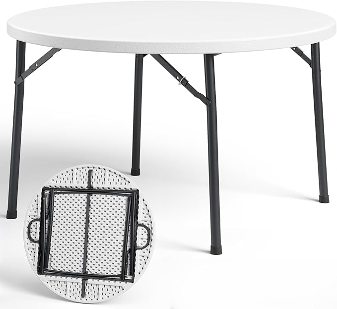 48" Folding Round Table, 48 inch Plastic Commercial Round Dinner Table with Foldable Steel Legs, Portable Card Table for Party, Events, Indoor, Outdoor, White
