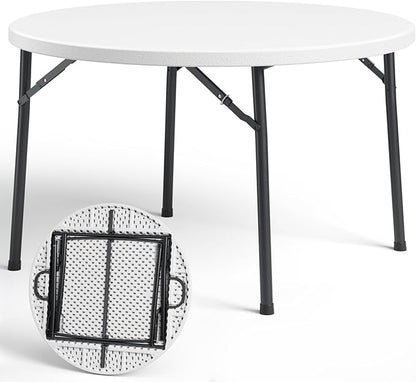 48" Folding Round Table, 48 inch Plastic Commercial Round Dinner Table with Foldable Steel Legs, Portable Card Table for Party, Events, Indoor, Outdoor, White