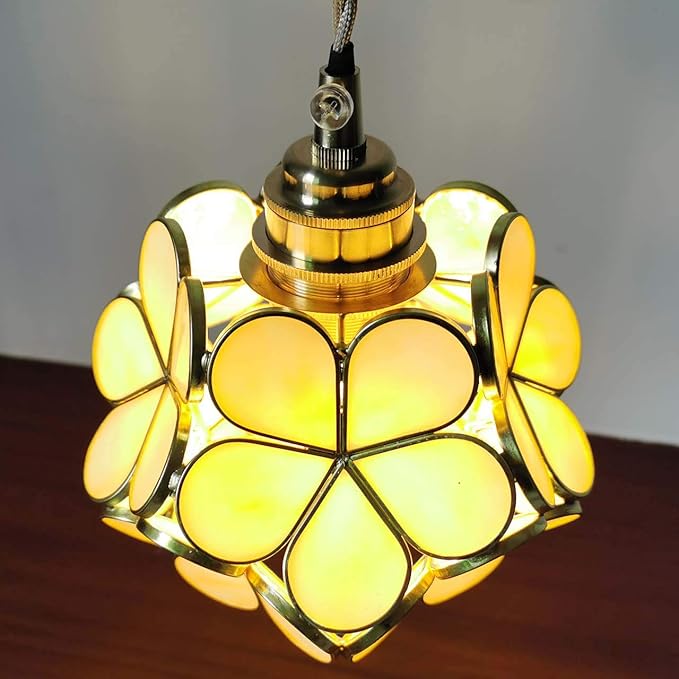 Bieye L10748 Petals Tiffany Style Stained Glass Ceiling Pendant Light with 8-inch Wide Lampshade (Cream White, 8" Cherry Blossom)