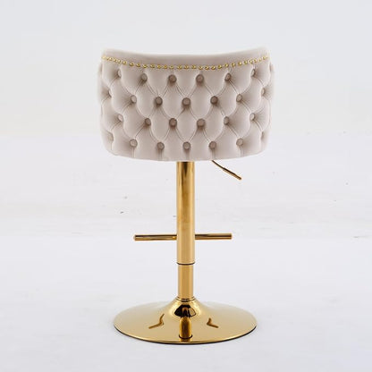 Furniture,Swivel Adjusatble Seat Height with Gold Plating Base, Classic Velvet Upholstered Bar Stools with The Whole Back Tufted, for Home Pub and Kitchen Island,Beige, Set of 2