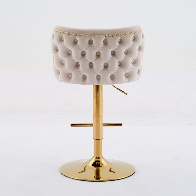 Furniture,Swivel Bar stools Adjusatble Seat Height with Gold Plating Base, Classic Velvet Upholstered Bar Stools with The Whole Back Tufted, for Home Pub and Kitchen Island,Beige, Set of 2