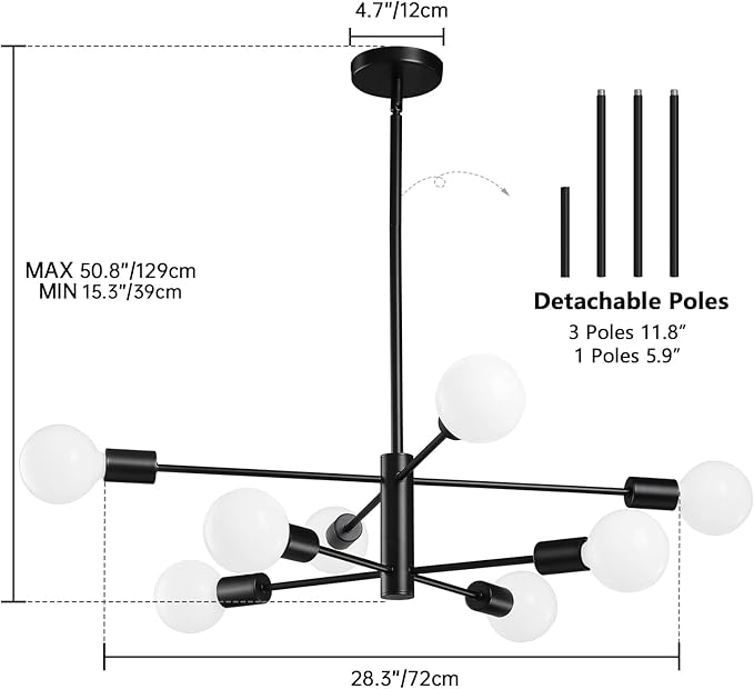 RUIYEY Modern Sputnik Chandeliers Light, 8-Light Black Chandeliers for Dining Room, Height Adjustable Ceiling Lights Farmhouse Chandelier for Kitchen Island Living Room Bedroom