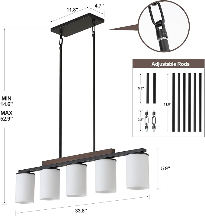Mecgirn Farmhouse Dining Room Light Fixtures Over Table, Black Pendant Lights for Kitchen Island with Milk Glass Shade, 5 Light Linear Chandelier Lighting with Wood