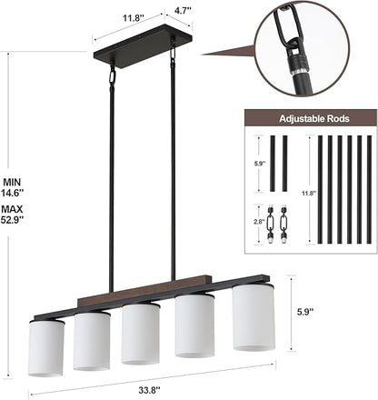 Mecgirn Farmhouse Dining Room Light Fixtures Over Table, Black Pendant Lights for Kitchen Island with Milk Glass Shade, 5 Light Linear Chandelier Lighting with Wood