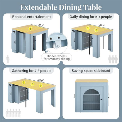 Mobile Extendable Dining Table with 3 Removable Middle Leaves and Power Outlets for 2-5 People, Kitchen Island with Storage Cabinet and Drawers, Kitchen Island Cart for Dining Room (Grey Blue)
