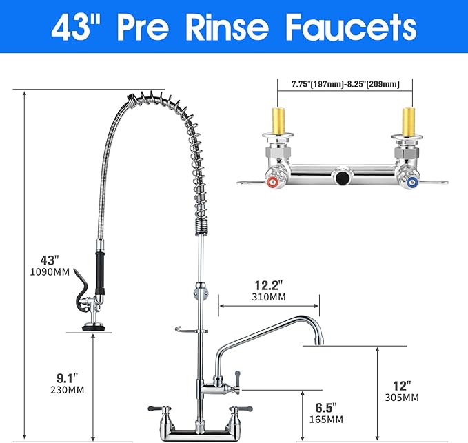 Commercial Kitchen Faucet with Pre-Rinse Sprayer 43" Height 8" Center Brass Constructed Wall Mount Kitchen Sink Faucet with Coiled Spring Pull Down Spray and 12" Add-on Swing Spout