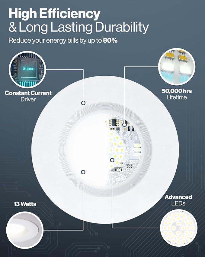 Sunco 80 Pack 6 Inch LED Recessed Light, Retrofit Downlight Can Lights for Ceiling, Baffle Trim, 1050 LM, 13W (75W Equivalent), Selectable CCT 2700K/3000K/3500K/4000K/5000K, Dimmable, Damp Rated UL.