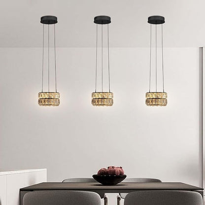 Led Ring Crystal Chandelier, Modern Dimmable Chandeliers Lighting and Hanging Adjustable 7.8'' Black LED Round Ceiling Light Fixtures for Dining Room Living Room