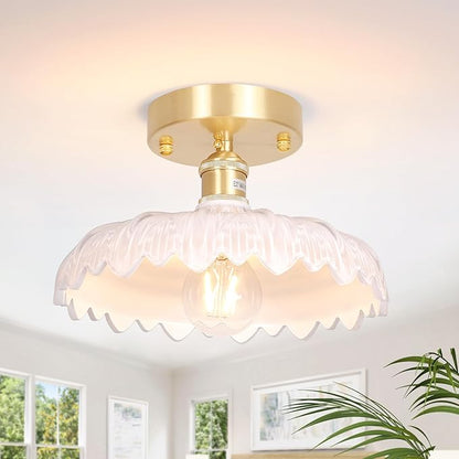 Shenmoyl Semi Flush Mount Light, Gold Hallway Vintage Fixture With White Flower Glass, Bulb Included, 4.72" Base Modern Ceiling Light for Porch Corridor Kitchen Bedroom