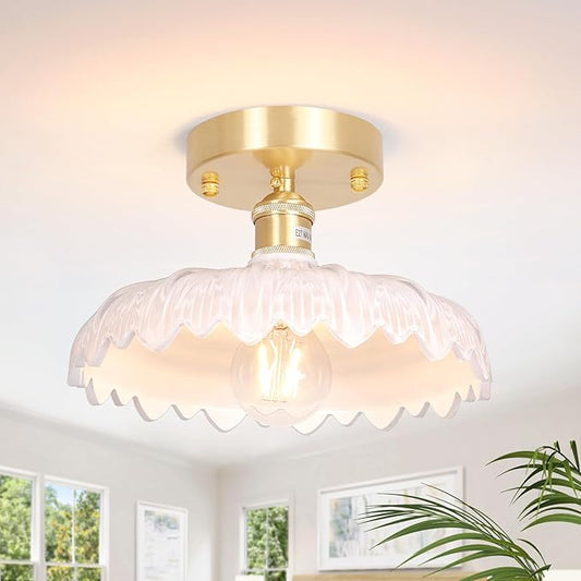 Shenmoyl Semi Flush Mount Light, Gold Hallway Vintage Fixture With White Flower Glass, Bulb Included, 4.72" Base Modern Ceiling Light for Porch Corridor Kitchen Bedroom