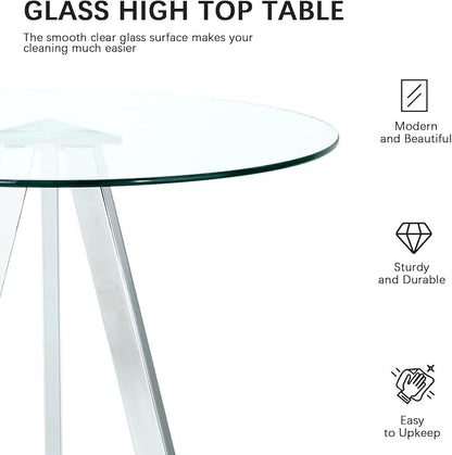 Small Round Bar Table and Adjustable Barstools Set for 2, Glass Counter Height Table with 2 Velvet Bar Chairs Swivel Island Chairs for Bistro Pub (Silver Metal Legs, Clear Top + Beige Chair)