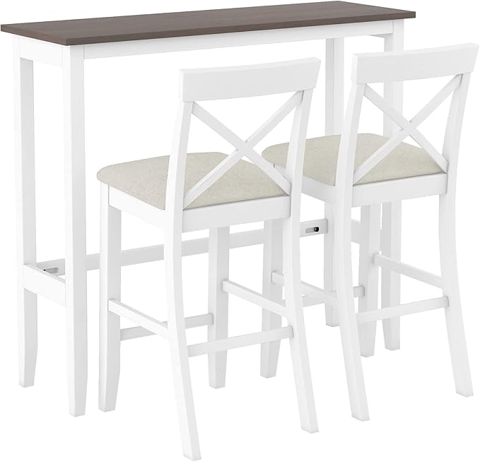 Farmhouse Dining Table Set,48" Rectangular Wood Bar Height Dining Set, Kitchen Breakfast Nook with 2 Upholstered Chairs for Small Places (Cherry+White/N*Bar)