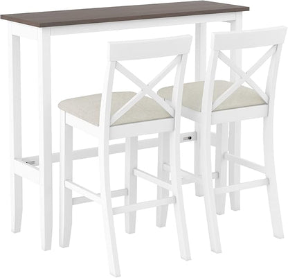 VilroCaz Farmhouse 3-Piece Counter Height Wood Kitchen Dining Sets, Home Bar Pub Kitchen Breakfast Set, 48'' Long Bar Table with 2 Upholstery Chairs for Small Places (Cherry+White)