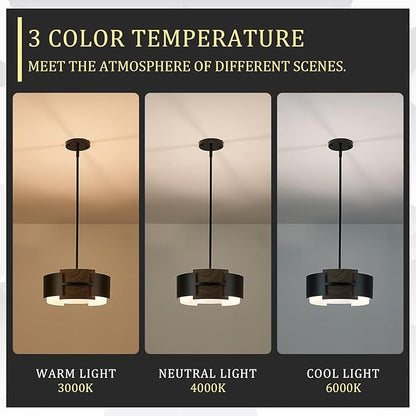Industrial Drum Chandeliers, Modern Black Metal Pendant Lighting Walnut Wood Grain 4-Ligth Semi Flush Mount Chandelier 12" for Foyer Entryway Kitchen Hallway Dining Room